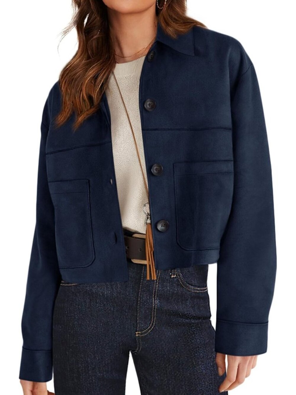 Women's Navy Blue Lightweight Cropped Faux Suede Button Down Shacket Jackets